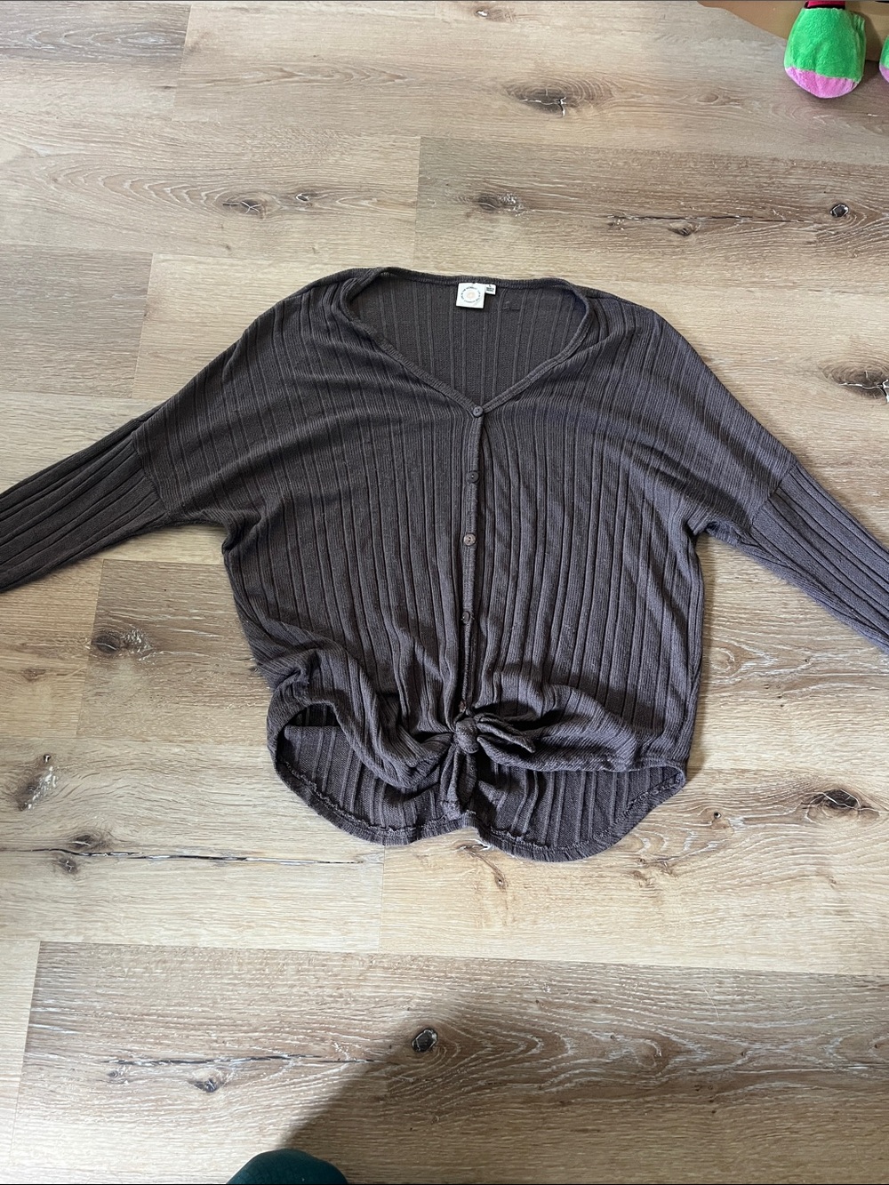 Ribbed Button-Front Tie Hem Top - Brown
